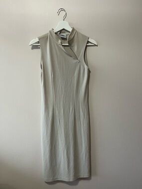 90s Vintage DKNY Sleeveless Asymmetrical Zip Midi Dress - Cream